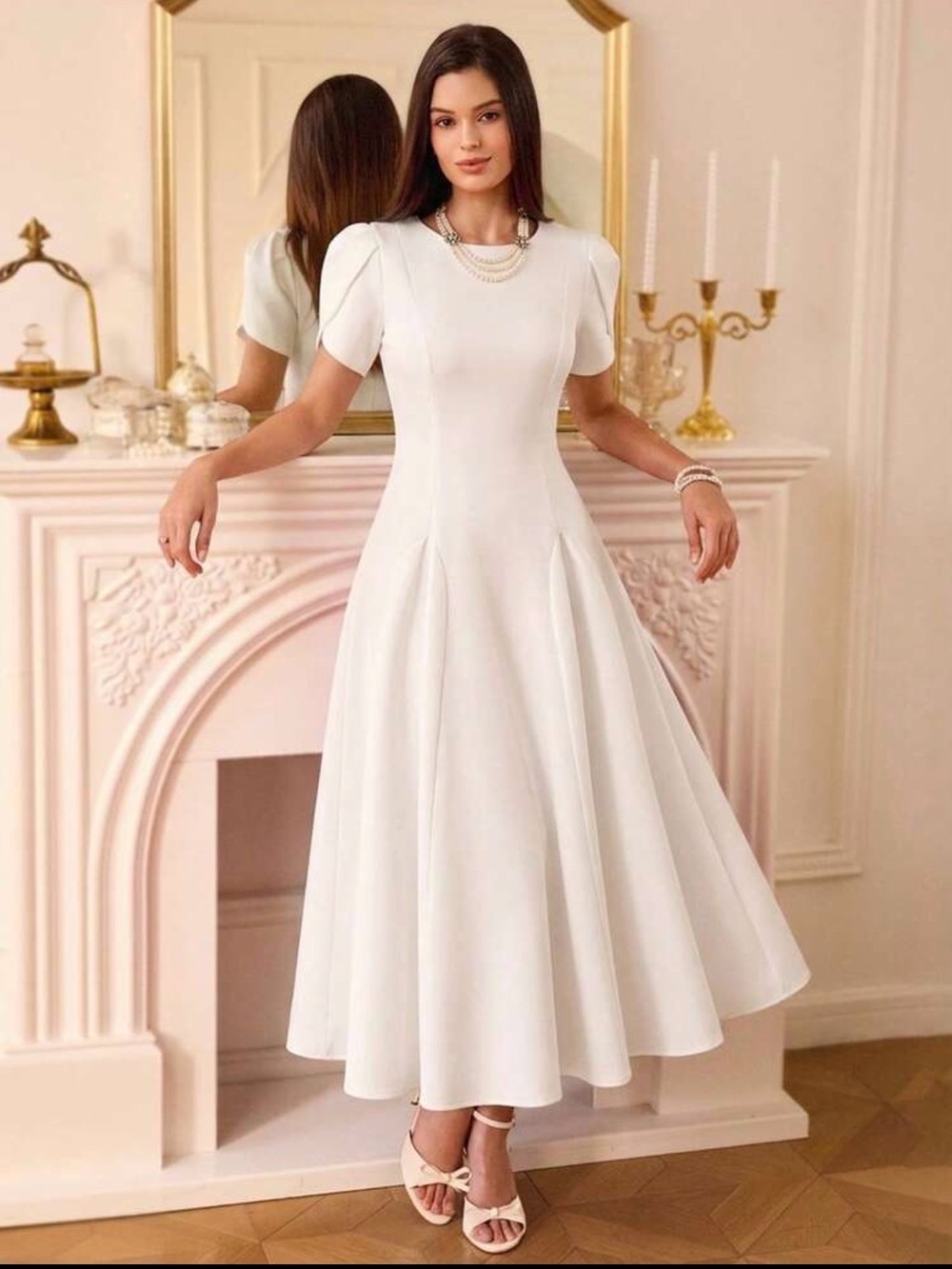 Elegant White Midi Dress with Puff Sleeves